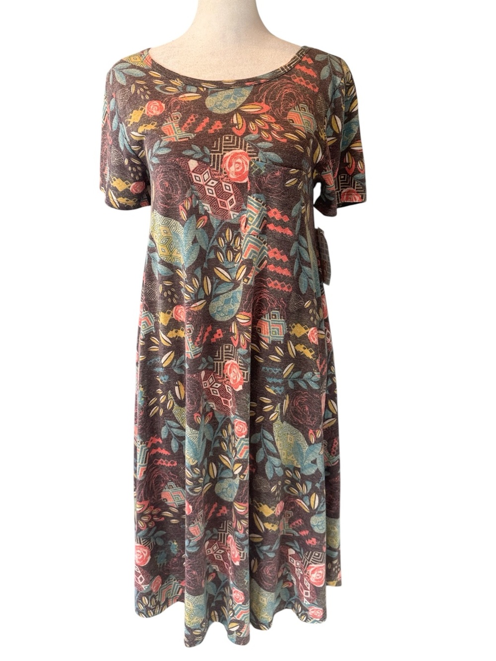 LuLaRoe Carly Dress Multicolor Boho Floral Geometric Print Short Sleeve XS NWT
